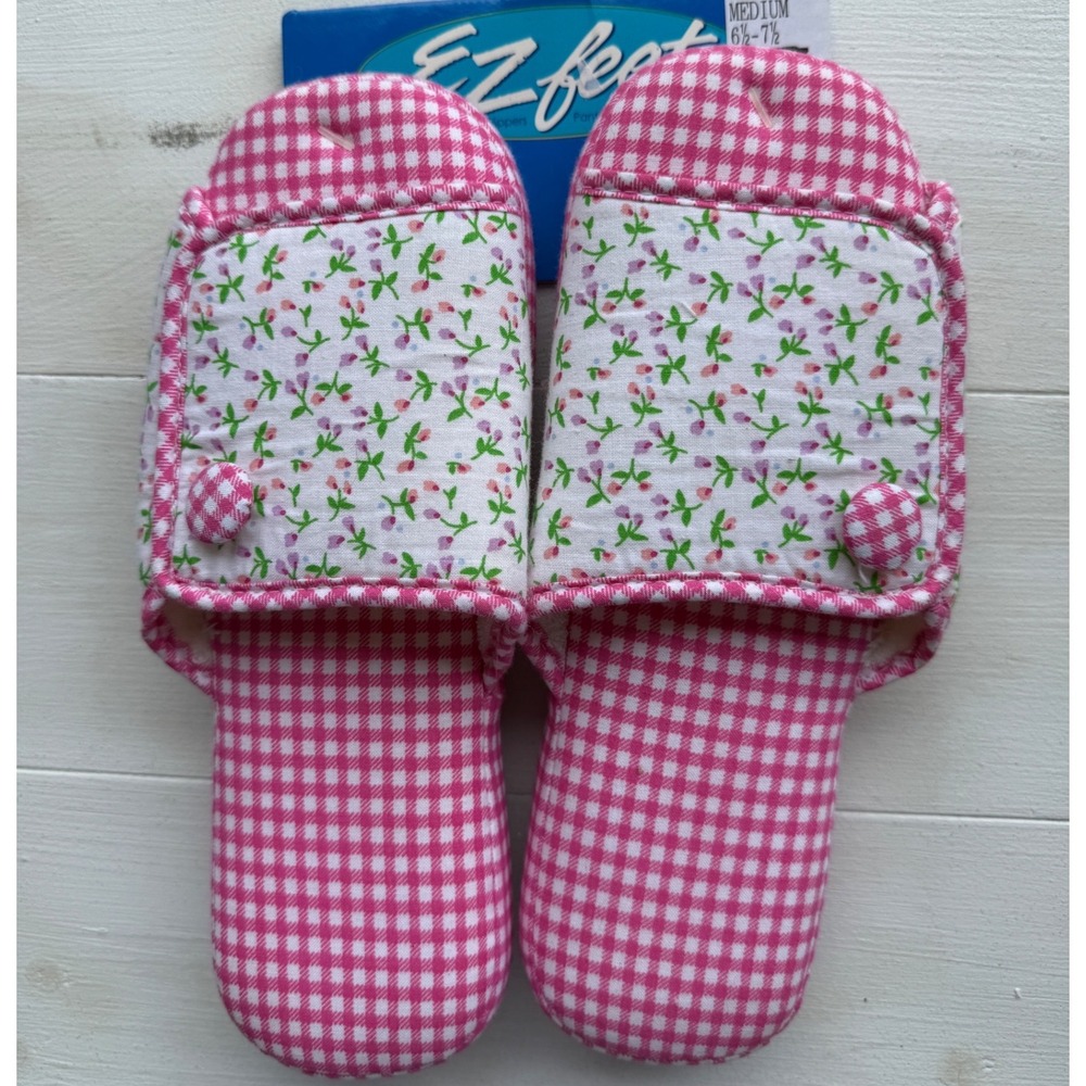 EZ Feet Pink Gingham Floral Slippers WL686 Medium 6.5-7.5 Indoor Outdoor NWT